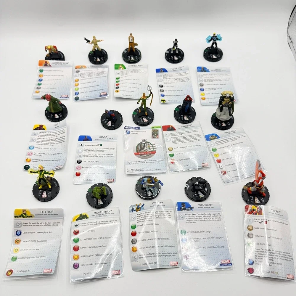 Heroclix Marvel Uncommon, Super Rare, Unique Mixed Lot of 15 with Cards Lot J
